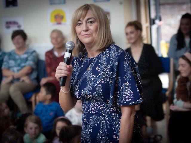 An emotional Mrs. Ramsey addresses the packed assembly hall on Friday last at Model PS.
