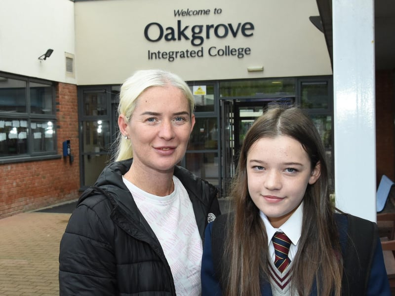 Aimee-Lee Peake and her mum Danielle pictured during her first day at Oakgrove Integrated College on Friday. (Photos: JIm McCafferty Photography)