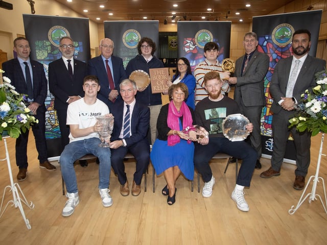 Prizewinners at the St. Columb's College Annual awards on Thursday night last. At the front is Aaron Scott receiving the McCarroll Prize for English from Mr. Niall Downey, Guest Speaker and Ms. M. Hamilton presenting Ben Houston with the Frank McAuley Prize for History and The Ross McCartney Prize for Irish History. Back from left are Mr. R. Horner, Head of English, Mr T McGonigle, Senior Teacher, Mr. P. Kelly, board of governors, Adam McIntyre receiving the Bishop’s Prize for Religious Studies from Mrs. C. McLaughlin, Principal, Aiden Lonergan receiving the Father Mc Elhinney Award for Geography from Mr. B. Keys, Vice Principal and Mr. J. McQuillan, Head of History (Photos: Jim McCafferty Photography)