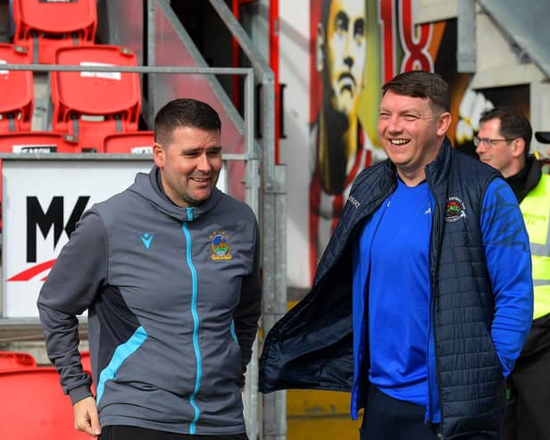 Managers David Healy and Kevin Deery pictured before the Institute game against Linfield. Photo: George Sweeney