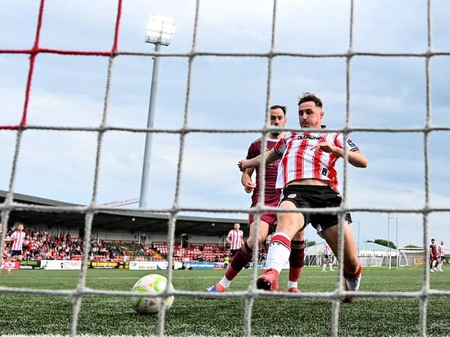 Gavin Whyte of Derry City attempts to connect to a cross during the 1-1 draw with Galway at Brandywell. Photo by Ramsey Cardy/Sportsfile