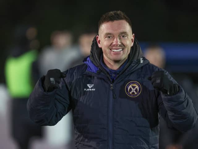 Limavady's manager Paul Ownes celebrates Saturday's Clearer Water Irish Cup victory over Larne. (Photo: Desmond Loughery - Pacemaker Press)