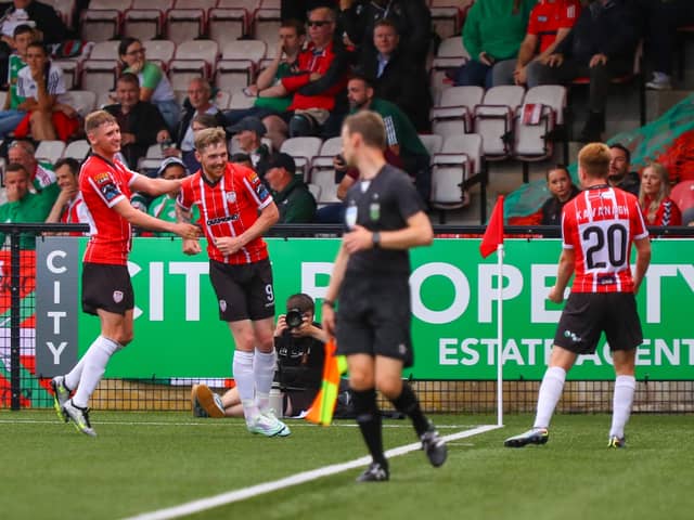 Jamie McGonigle celebrates his second goal of the season against Cork City on Friday night. Photo by Kevin Moore.