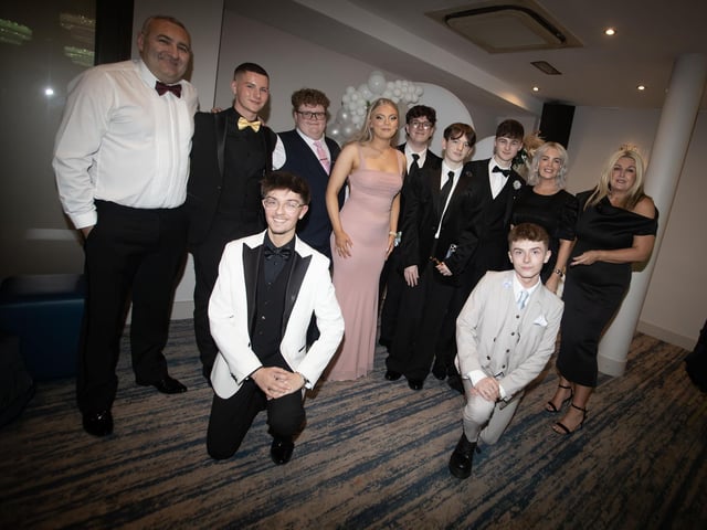 Mrs. Ciara Deane, Principal, St. Joseph's Boys School pictured with some of the staff and students at Friday night's formal in the Waterfoot Hotel, Derry. (Photos: Jim McCafferty Photography) : .