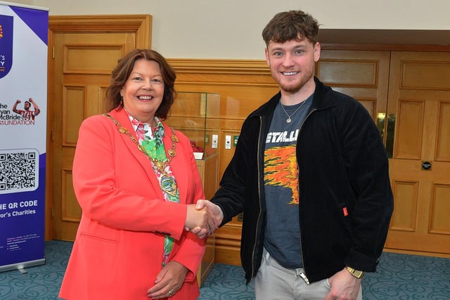 Mayor Patricia Logue pictured with singer Ryan McMullan at the official launch of his forthcoming gig ‘Live in the Square’, Ebrington on 25th August.  Photo: George Sweeney. DER2331GS – 63