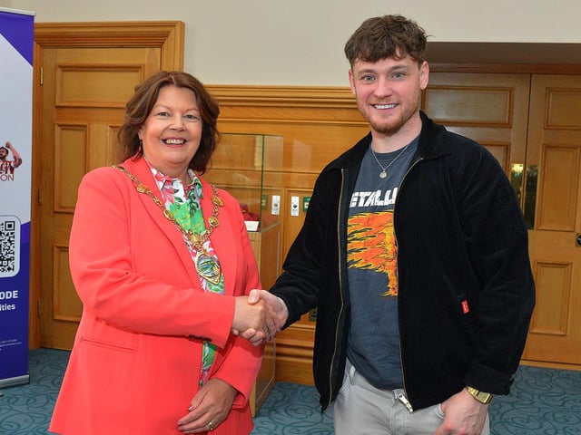 Mayor Patricia Logue pictured with singer Ryan McMullan at the official launch of his forthcoming gig ‘Live in the Square’, Ebrington on 25th August. Photo: George Sweeney. DER2331GS – 63