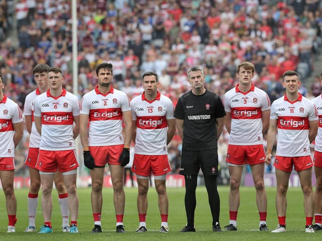Derry manager Rory Gallagher and players in Croke Park last season. Picture Margaret McLaughlin
