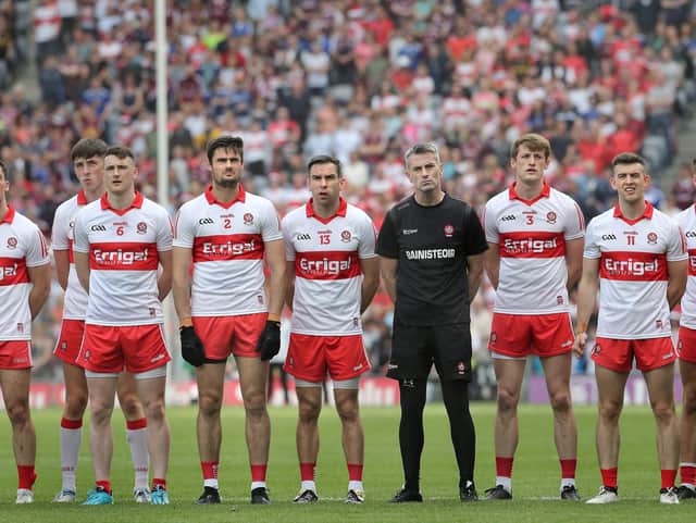 Derry manager Rory Gallagher and players in Croke Park last season. Picture Margaret McLaughlin
