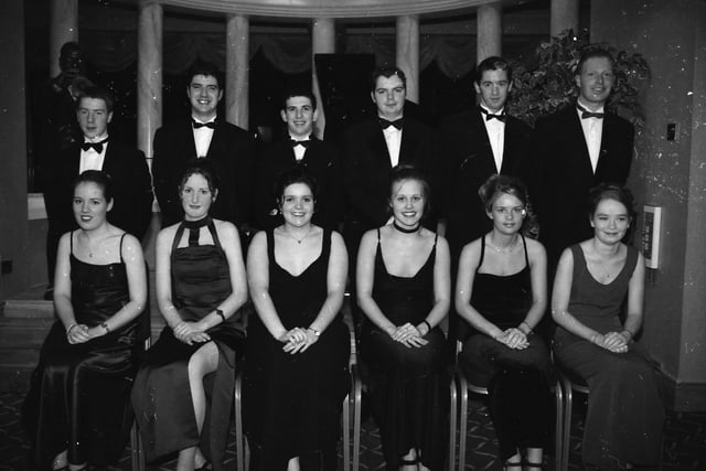 Seated, from left, Carla McClintock, Sonia McLaughlin, Nicola McCool, Debbie McConnell, Mairead McIntyre and Julie Houston. Standing, from left, Declan McHugh, Gerard Kerlin, Shane Doherty, Nicholas Mullan, Kevin Sharkey and Kieran Whoriskey. At the 1998 Thornhill College Formal.