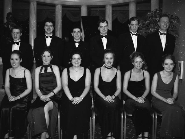 Seated, from left, Carla McClintock, Sonia McLaughlin, Nicola McCool, Debbie McConnell, Mairead McIntyre and Julie Houston. Standing, from left, Declan McHugh, Gerard Kerlin, Shane Doherty, Nicholas Mullan, Kevin Sharkey and Kieran Whoriskey. At the 1998 Thornhill College Formal.