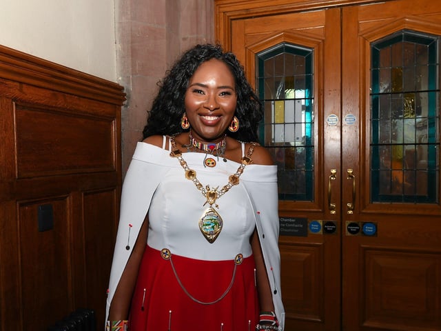 SDLP Colr Lilian Seenoi-Barr, newly elected mayor of Derry and Strabane, pictured in the Guildhall on Monday evening after the Council’s annual general meeting. Photo: George Sweeney.