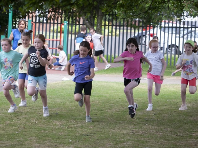 The Primary 4 girls race at Greenhaw Sports Day.