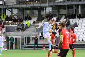 Derry City's Ronan Boyce wins this header against HB Torshavn in the first leg of the Europa Conference League at the Tórsvøllur Stadium, Torshavn, Faroe Islands. Photographs by Kevin Moore.