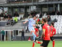 Derry City's Ronan Boyce wins this header against HB Torshavn in the first leg of the Europa Conference League at the Tórsvøllur Stadium, Torshavn, Faroe Islands. Photographs by Kevin Moore.
