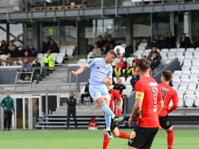 Derry City's Ronan Boyce wins this header against HB Torshavn in the first leg of the Europa Conference League at the Tórsvøllur Stadium, Torshavn, Faroe Islands. Photographs by Kevin Moore.