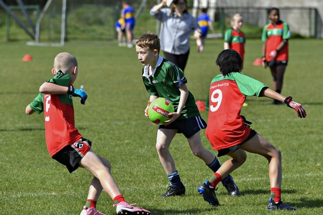 Good Shepherd PS against Chapel Road PS at the Cumann na mBunscol Derry city (Boys) Championships qualifiers held in Pairc Na Piarsaigh. Photo: George Sweeney