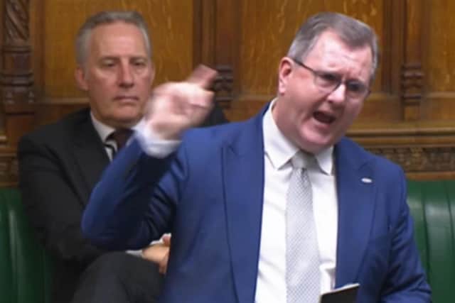 Jeffrey Donaldson delivering an unusually unanimated speech in the British House of Commons on Wednesday.