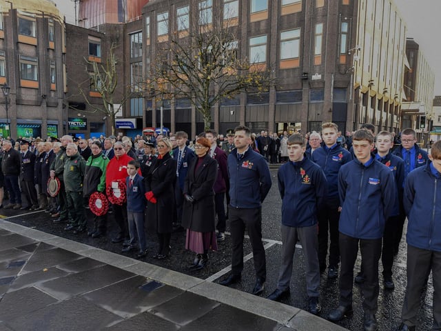 Some of the attendance at the Royal British Legion Waterside Remembrance Sunday held at the Cenotaph in the Diamond. Photo: George Sweeney