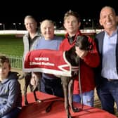 ​The Stadium Bookmakers Semi-Final winner, Oakwood Hero with, from left, Eddie Dobbins, Charles McMonagle Snr, joint owners John McMonagle and Michael Stewart and also Jon Dara McMonagle.