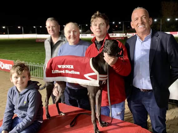 ​The Stadium Bookmakers Semi-Final winner, Oakwood Hero with, from left, Eddie Dobbins, Charles McMonagle Snr, joint owners John McMonagle and Michael Stewart and also Jon Dara McMonagle.