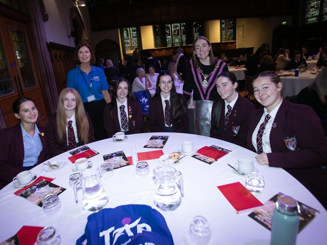 The Mayor, Grace Ui Niallais and Jayne Quigg, Manager, Dove House Community Trust pictured with students. from Foyle College at last week's 'Be The Change' conference in the Guildhall. (Photos: Jim McCafferty Photography) : .