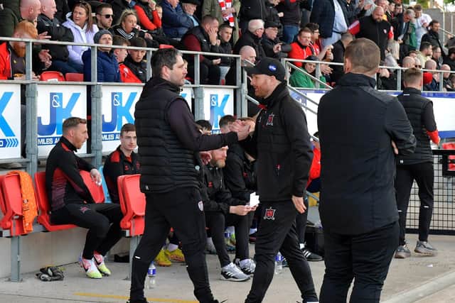 Ruaidhrí Higgins greets Dundalk manager Stephen O’Donnell before the big game, at Brandywell Stadium, on Monday evening. Photo: George Sweeney.  DER2320GS – 49
