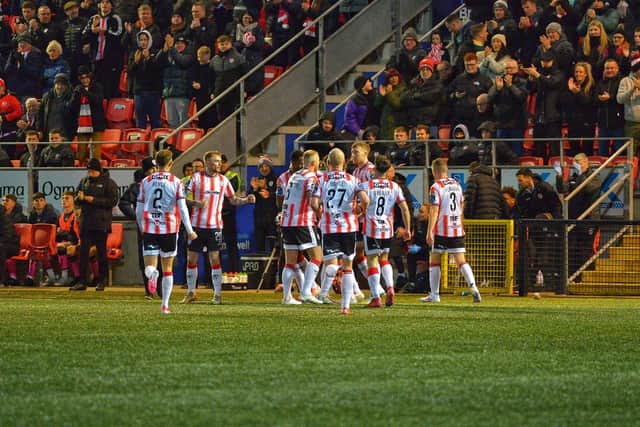 Derry City players celebrate Michael Duffy's first half goal. Photograph: George Sweeney