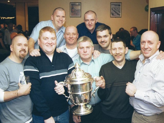 FAI Cup at PO Club. Included in this photo taken at a 40th birthday party in the PO Club are:- Hughie Doherty, Tommy McCallion, Gerry Ballard, John Gallagher, Tommy Burke, James Dunne, Brendan Dunne, Tommy Lennon and 40th birthday boy Kevin Gallagher.