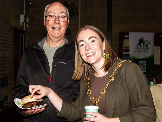Seamus Doherty showing his breakfast bap to Mayor Grace Ui Niallais at the NMT's Brunch/Programme Launch on Friday last.