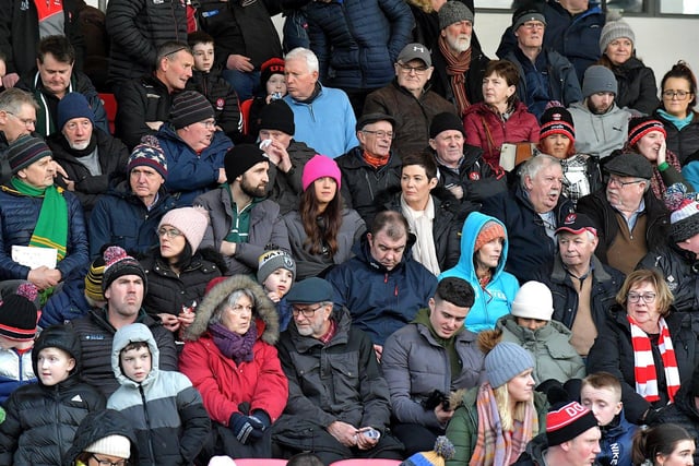 Fans pictured at the Derry v Meath Allianz Football League game at Owenbeg on Saturday. Photo: George Sweeney. DER2308GS – 48