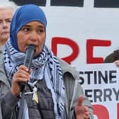Palestinian woman Majida Alaskari addressing a rally at Free Derry Corner.