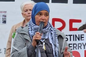 Palestinian woman Majida Alaskari addressing a rally at Free Derry Corner.