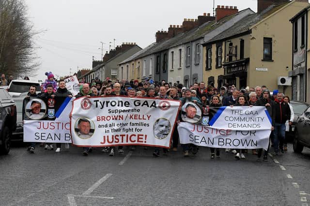 Relatives and supporters march from Free Derry Wall to Celtic Park, on Sunday afternoon, to protest against the British Government’s Legacy Bill’s lack of investigation into the deaths of Sean Brown and Patrick Kelly. Photo: George Sweeney