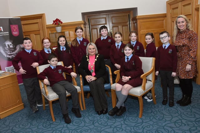 Members of St John's Primary School School Council pictured with the Mayor of Derry City and Strabane District Council, Sandra Duffy during a visit to the Mayor’s Parlour, Guildhall on Monday morning. 