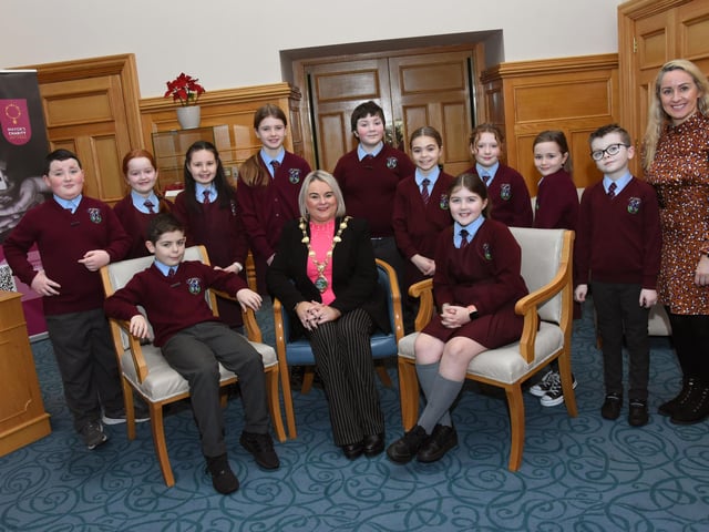 Members of St John's Primary School School Council pictured with the Mayor of Derry City and Strabane District Council, Sandra Duffy during a visit to the Mayor’s Parlour, Guildhall on Monday morning.