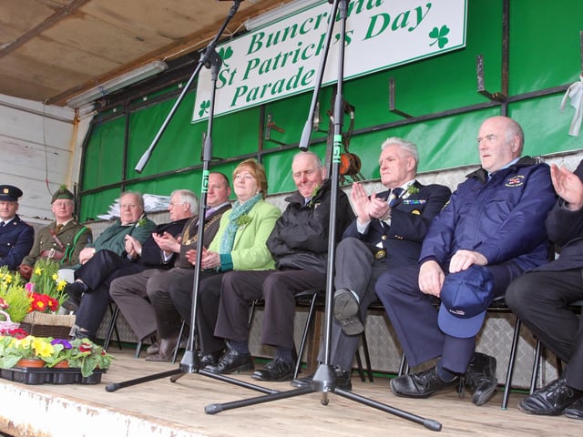 Dignitaries pictured at the main grandstand enjoying proceedings at the Buncrana St. Patrick's Day Parade. 1903JM67