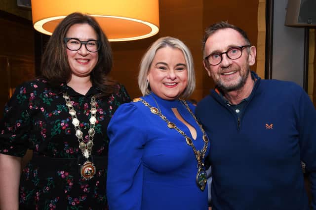 Mark Caithness pictured with the Mayor, Councillor Sandra Duffy, and Selina Horschi, President of the Chamber of Commerce.