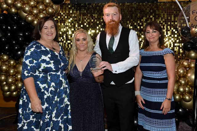 Kathleen Toner (Director Of The Fostering Network in NI), Sinead & Aaron, foster carers with Kerrylee Weatherall (Interim Director, Children’s Community Service – representing HSC NI Foster Care)