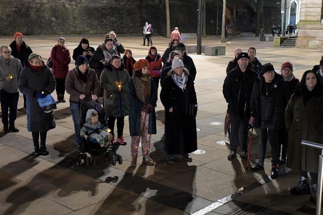 A show of solidarity for all victims and survivors of violence against women and a marking of the second anniversary of the murder of Ashling Murphy at the Alliance for Choice Derry rally held at Guildhall square on Friday evening. Photo: George Sweeney