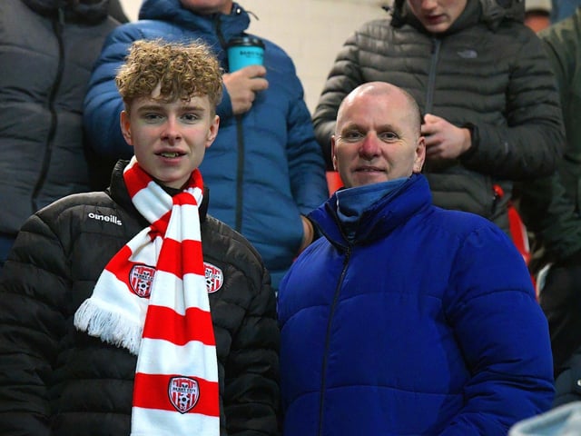 Candystripe fans at the Brandywell for Friday evening’s game. Photo: George Sweeney