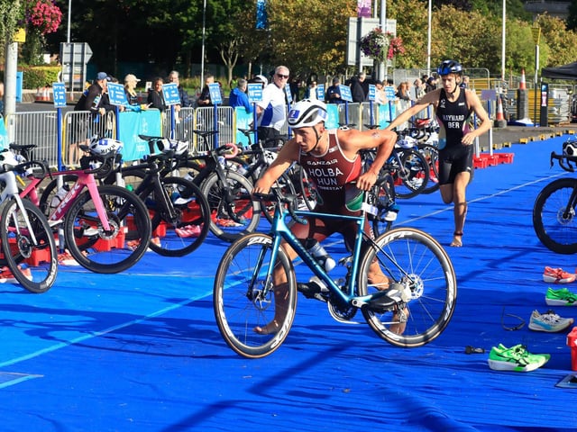 Athletes grab their bicycles in the second stage of the Europe Triathlon Cup Junior Men on Saturday morning. (Photo - Tom Heaney, nwpresspics)