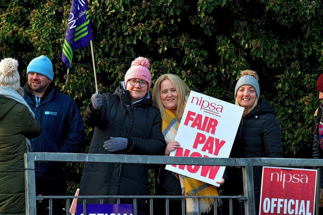 Striking health and social care workers picket outside Gransha on Monday morning. Photo: George Sweeney. DER2250GS – 14