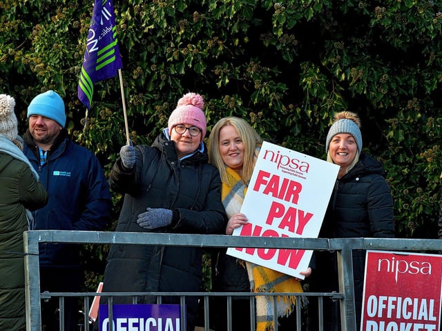 Striking health and social care workers picket outside Gransha on Monday morning. Photo: George Sweeney. DER2250GS – 14