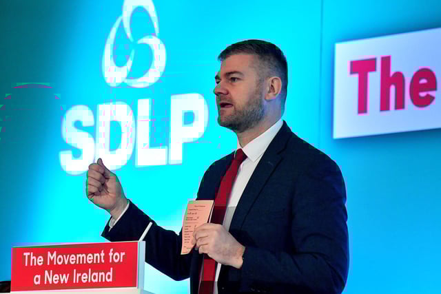 Colin McGrath MLA, spokesperson for Health and Wellbeing, speaking at the SDLP annual Conference, on Saturday morning, in St Columb’s Hall. Photo: George Sweeney. DER2312GS – 41