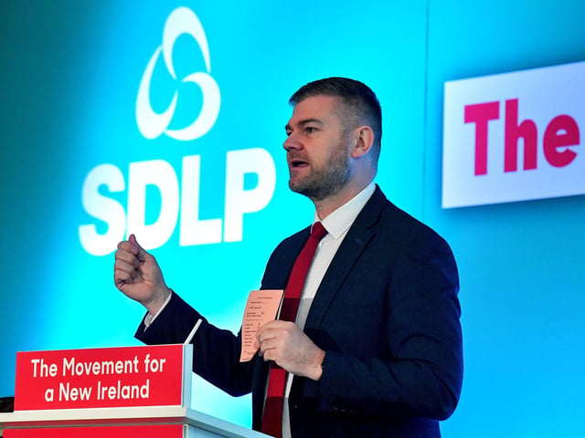 Colin McGrath MLA, spokesperson for Health and Wellbeing, speaking at the SDLP annual Conference, on Saturday morning, in St Columb’s Hall. Photo: George Sweeney. DER2312GS – 41