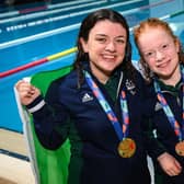 Ireland swimmers Nicole Turner, joint gold medallist, left, and Dearbhaile Brady, bronze medallist, after the Women's 50m Freestyle S6 Final during day five of the Para Swimming European Championships at the Penteada Olympic Pools Complex in Funchal, Portugal. Photo by Ramsey Cardy/Sportsfile