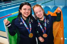 Ireland swimmers Nicole Turner, joint gold medallist, left, and Dearbhaile Brady, bronze medallist, after the Women's 50m Freestyle S6 Final during day five of the Para Swimming European Championships at the Penteada Olympic Pools Complex in Funchal, Portugal. Photo by Ramsey Cardy/Sportsfile