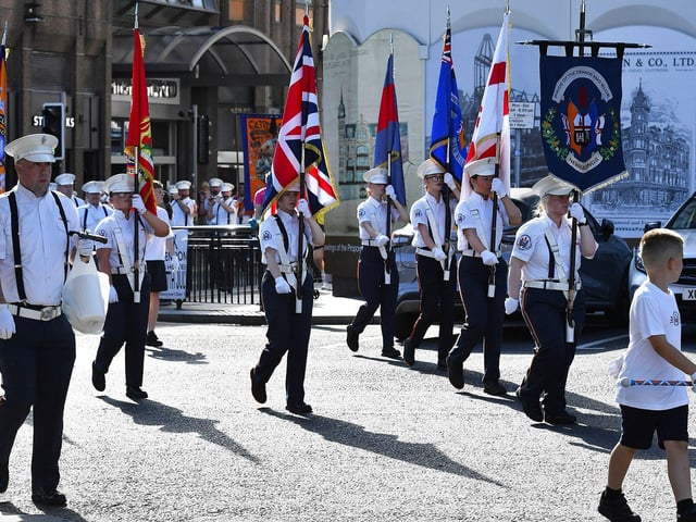 Orangemen take part in the July 12 celebrations in Derry’s city centre on Saturday morning. Photo: George Sweeney