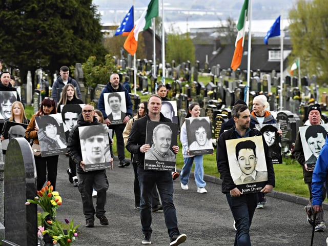 The Sinn Fein parade, commemorating the 109th anniversary of the Easter Rising, makes its way through the City Cemetery on Sunday afternoon. Photo: George Sweeney