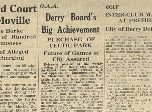 The 'Journal' report the purchase of Celtic Park by the GAA in 1943.